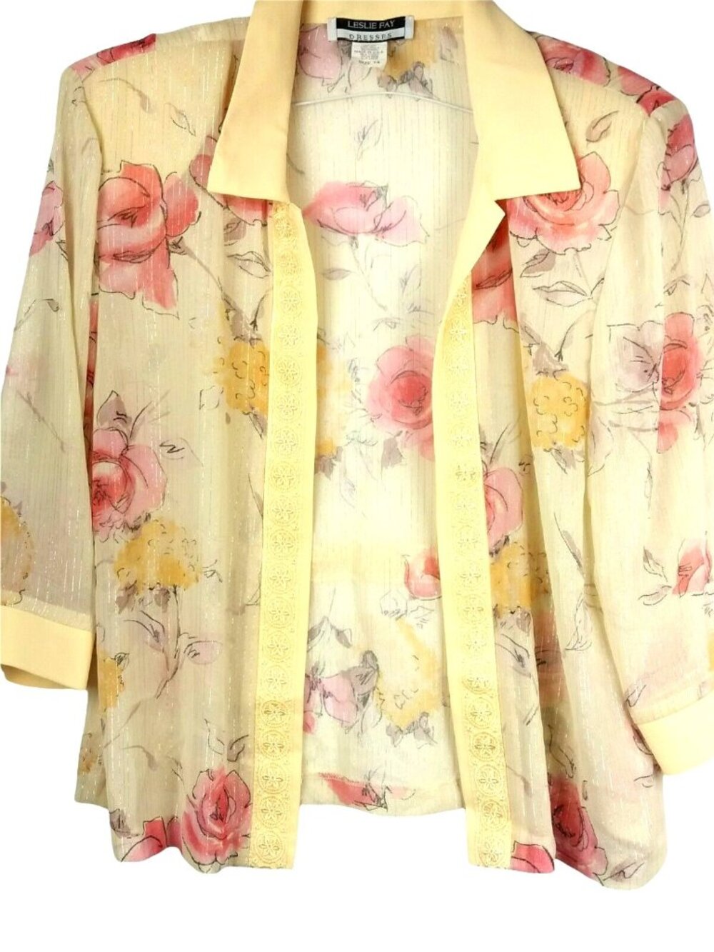 Leslie Fay Floral Overlay Shacket Top 14 Open Front Sheer Beige Spring Flowers